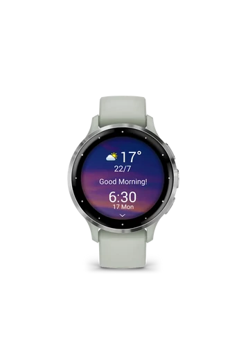 Garmin Venu 3s zsálya, ezüst kerettel, szilikon szíjjal